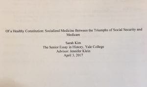 Title page of Sarah Kim's senior essay, "Of a Healthy Constitution," 3 April 2017