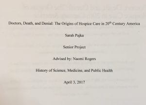 Title page of Sarah Pajka's senior essay, "Doctors, Death, and Denial," 3 April 2017
