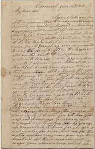 Letter from Henry Obookiah, sent from Cornwall, Connecticut, to Samuel Wells, Jr. of Greenfield, Massachusetts, dated 16 June 1817, page 1. Gustave R. Sattig Collection (MS 1429), Box 1, folder 17. Manuscripts and Archives, Yale University Library.
