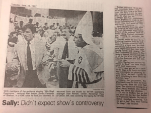 News clipping from an unknown paper documenting the Ku Klux Klan in New Haven for the taping of Sally Jesse Raphael Show, 1987 June 16. Mary Johnson Papers (MS 2050), Box 15, folder 12.